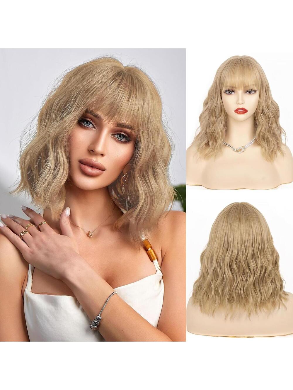 NEW Short 14" Short Blonde Ombre Wavy Wig with Bangs Bob Hair Wigs Womens 1432